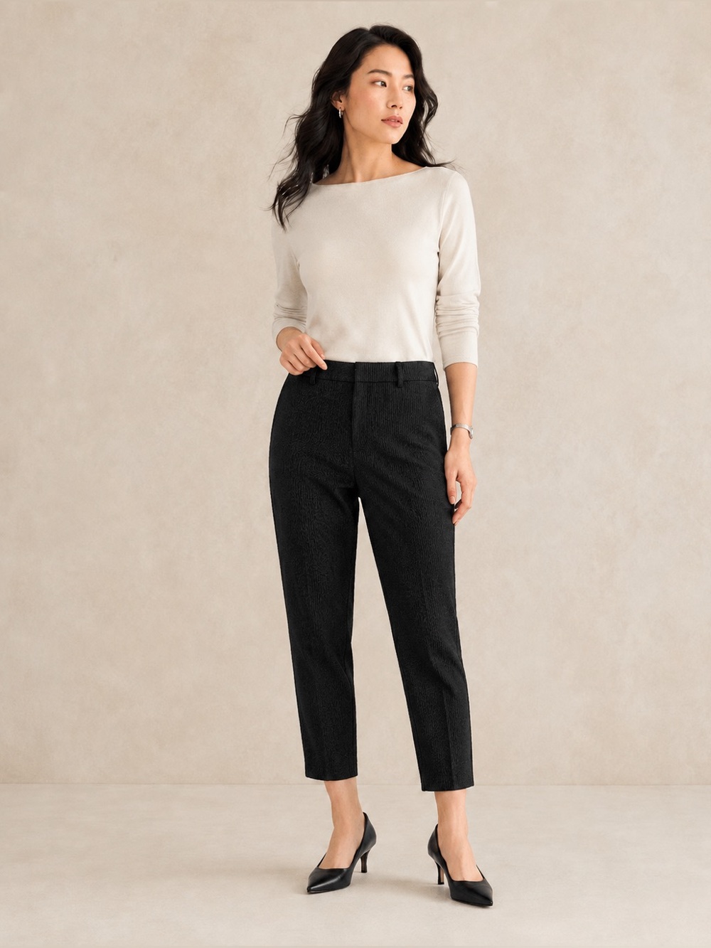 Club Monaco Renay Seersucker Cropped Straight leg Trousers Tailored Black Sz 6